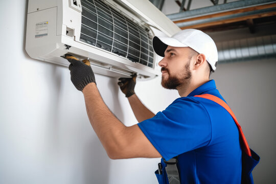 HVAC technician installing a mini split air conditioner in El Monte