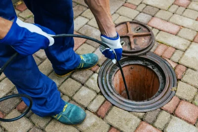 Plumber cleaning an outdoor sewer drain in El Monte