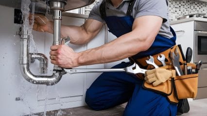 Plumber repairing pipes beneath a sink in El Monte